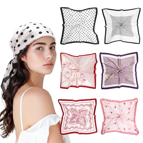 JATEBI 27''/35'' Women Large Satin Scarf Silk Feel Square Wraps Big Hair Bandanas Vintage Print Solid Color Bandana Scarves - color: Red, Pink, Black, Purple, White Flowers, size: 27'' Medium