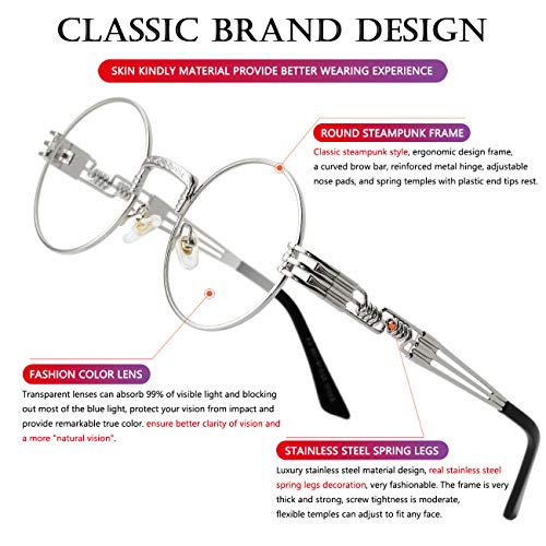 AIEYEZO Round Steampunk Sunglasses for Men Women Retro Circle Hippie Glasses Metal Frame 100% UV Blocking Lens - color: Silver/Clear