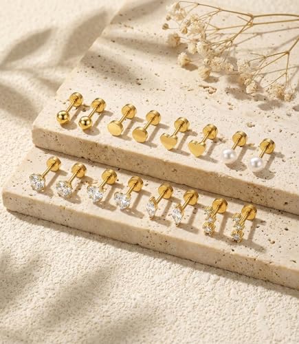 Incaton Hypoallergenic Flat Back Earrings for Women Silver 14K Gold Plated Surgical Stainless Steel Stud Earrings Cubic Zirconia Cartilage Studs Earrings For Multiple Piercing Sensitive Ears - color: 5-GOLD