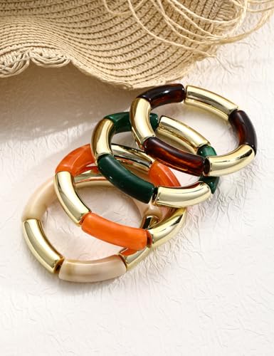 iF YOU 6pcs Chunky Acrylic Bangle Bracelets for Women, Resin Bamboo Brown Stretchy Bracelet Stack, Fashion Jewelry for Women - color: 4 Green & Orange bangles