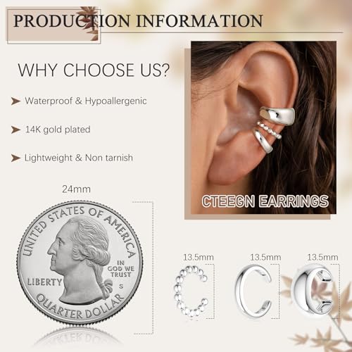 14K Gold/Silver Plated Ear Cuffs Set Dainty Clip Piercing Stack Small Cartilage Hoop Huggie Trendy Tarnish Hypoallergenic Jewelry Gift - style: silver style 4