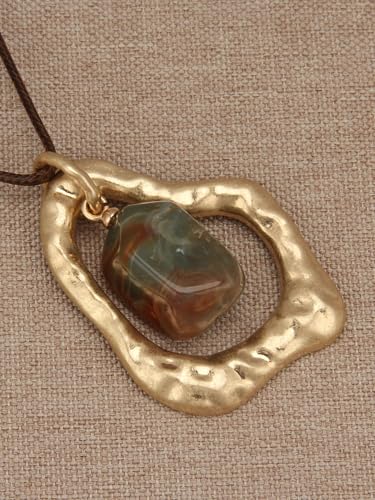 GelConnie Leather Necklaces Turquoise Long Boho Necklaces for Women Brown Chunky Circle Pendant Chocker Necklace Gold Sweater Necklace - style: Large Stone Pendant