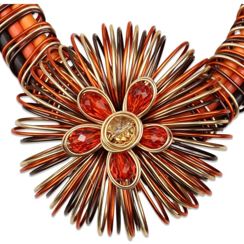 Ethnic Crystal Rhinestone Pendant Necklace Earrings Set Women Handmade Tribal Collar Choker Chunky Metal Bib Rope Chain African Statement Jewelry Set - color: NXR1418-orange