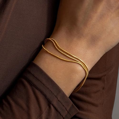 Gold Bracelets for Women, 14K Gold Plated Stackable Bracelet Stack Set Adjustable Charm Paperclip Chain Snake Link Layered Waterproof Jewelry Sets Gifts - style: Herringbone Chain GD