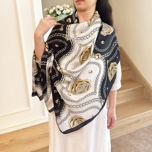 Long Silk Like Scarf Lightweight Satin Scarves Large Sunscreen Shawl Wrap for Women - color: 018.chains and Flowers Black