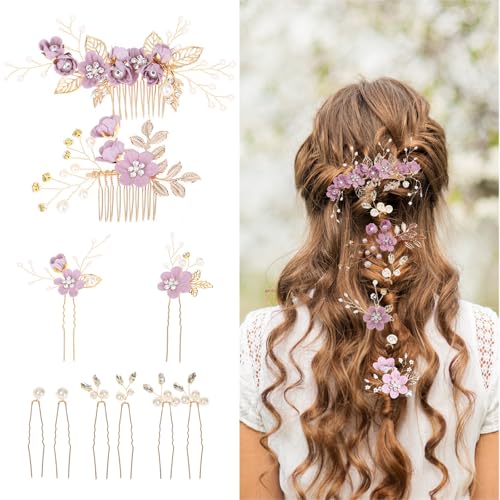 10PCS Hair Comb Set - Wedding Floral Hair Accessories for Women, Baby Purple Flower Hairs Pins, Vintage Wedding Hair Clips, Bridesmaid, Mother of Bride, Gold Decorations - color: Purple