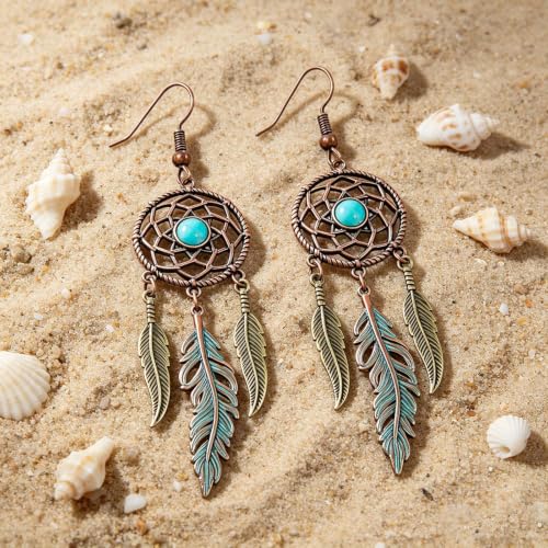 Boho Turquoise Drop Earrings Retro Long Copper Feather Tasse Metal Leaf Dangle Earrings Vintage Country Western Jewelry Cowgirl Ethnic Style Geometric Concert Festival Accessories for Women - color: Dreamcatcher Net Blue
