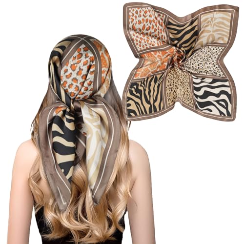 Relang Fashion Silk Satin Head Scarf for Women Hair Bandana Hair Scarf Wrap Neck Scarf for Women 27.5×27.5 inches - color: Brown Tiger Leopard Print