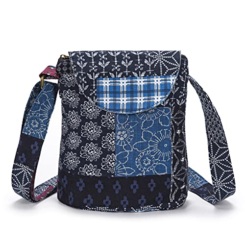 OPQRSTU Women's Retro Small Size Canvas Shoulder Bag Hippie Boho Crossbody Handbag - color: Blue Square