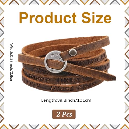 2PCS Cowhide Leather Wrap Bracelets Wristbands Cuff Vintage Adjustable Genuine Leather Boho Layered Bracelet Western Brown Stackable Straps Arm Armor with Alloy Toggle Clasp for Men Women - color: brown