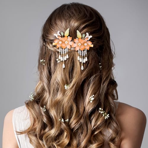 HINZIC 5pcs Flower Tassels Hairpin for Women, Non-Slip Pearl Butterfly Love Flower Hair Combs, Retro Chinese Hanfu Wedding Brides Hair Accessories for Long Hair - color: Orange