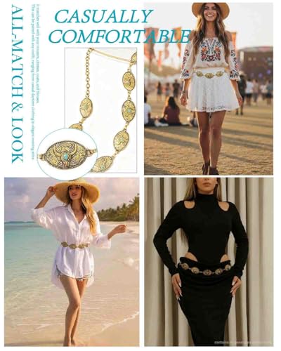 Women’s Bohemian Waist Chain, Vintage Adjustable Belly Chain for Dress Jeans Country Concert Outfit - color: Gold, size: Fit Waist up to 36''
