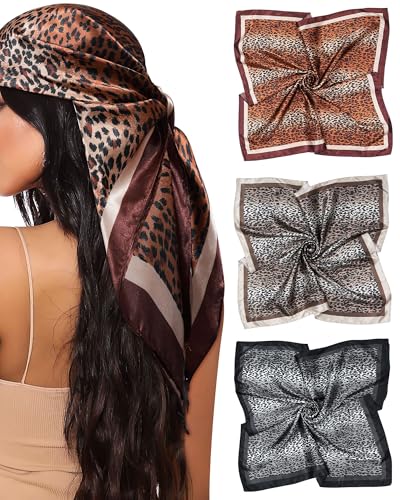Mesovor 35” Square Head Scarf for Women, 3 Pack Like Silk Satin Headscarf Hair Neck Scarf Top Bandanas for Sleeping - color: Small Leopard(gray/Coffee/Camel)
