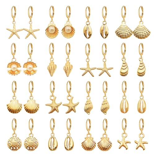 16 Pairs Seashell Conch Earrings Set for Women Dainty 14K Summer Beach Jewelry Starfish/Pearl/Clam/Conch Hoop Earrings Bohemian Summer Beach Holiday Fashion Jewelry Gifts