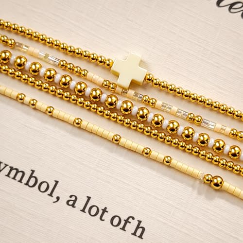 Gold Beaded Cross Bracelet for Women, 14K Plated Adjustable Stackable Dainty Bracelets, Non Tarnish Fashion Jewelry Set Gifts for Women Birthday Friendship - color: Colors-7