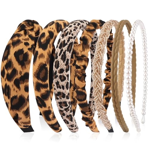 VELSCRUN Headbands for Women 7 Pcs Different Dark Leopard Color Knotted Solid Pearl Head Bands Non Slip Hair Band Stuff for Teen Girls Womens Trendy Fashion Diademas Para Mujer Hair Accessories - color: Dark Leopard Color