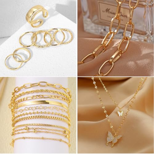 47pcs Gold Jewelry Set With 3 PCS Necklace, 11 PCS Bracelet,20pcs Hoop Stud Earrings,7pcs rings set For Women For Birthday Gifts - color: Gold