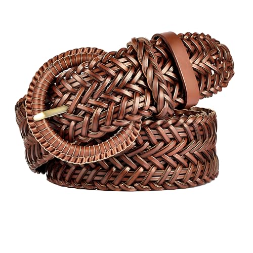 Women Wide Braided Leather Belt 1.6 inch Ladies Soft Woven Waistband with Buckle - color: Brown