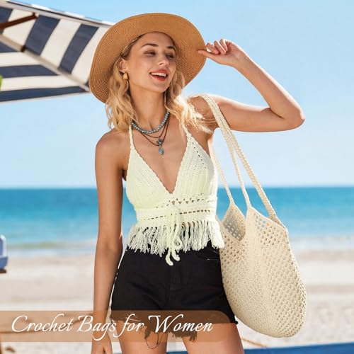 Tavaleu Crochet Tote Beach Bags for Women, Mesh Beach Tote Knit Bag, Summer Vacation Aesthetic Boho Hobo Shoulder Bag - color: Beige - Mesh Crochet