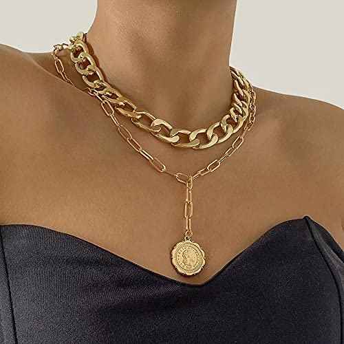 JWICOS Gold Boho Cuban Chunky Necklace Layered Dainty Paperclip with Coin Pendant Choker Chain for Women (Gold) - color: Gold