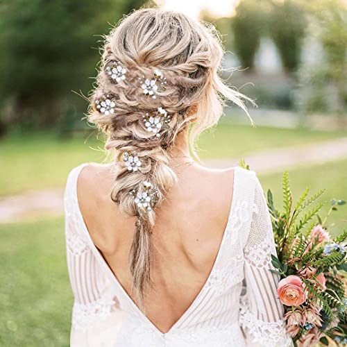 6 PCS Bridal Flower Wedding Hair Pins Crystal Pearl Hair Clips Headpiece Gold Wedding Hair Accessories Jewelry with Rhinestone for Brides Bridesmaids Women Girls Updo (Pure White Flower) - color: Pure White Flower