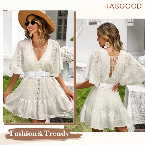 JASGOOD Women Wide Woven Belt for Dresses Rattan Waist Belt Braided Boho Belt with Square Buckle - color: White, size: Fit Waist Size 28-32inch