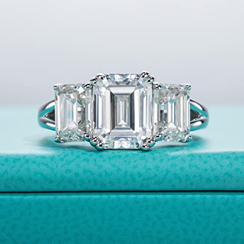 AnuClub Round/Emerald/Marquise Cut Moissanite 3 Stones Engagement Rings D Color VVS1 Round Cut 925 Sterling Silver Anniversary Wedding Promise Rings for Women - color: 5cttw Emerald Cut