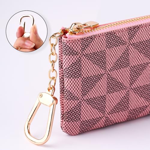 Leather Coin Purse for Women with KeyChain Small Zipper Change Purse coin Pouch Card Holder Wallet Clutch for Women & Men (Pink) - color: Pink