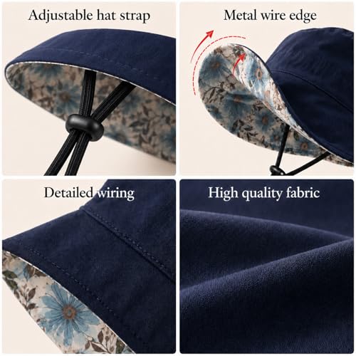 HUAMULAN Women Summer Sun Hat Wide Brim Wired Edge Floral Beach Bucket Hats Reversible Foldable Travel UV Protection Lady Hat - color: M2320-navy