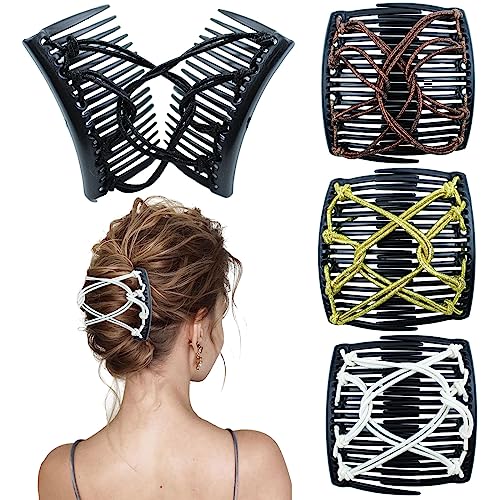 4 Pieces Elastic Magic Hair Comb with Silver Thread Stretchy Double Comb Hair Fork Clips No Crease Hairpins Combs for Women Girls Vintage Hairstyle Multipurpose Hair Accessories, 4 Color(Silver Style) - color: Brown, black, white, gold