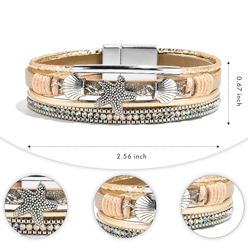 VIBILIA Boho Leather Wrap Bracelets for Women Multi-Layer Bracelets with Strong Clasp Jewelry for Women - color: 04-ShellStarfish-Khaki