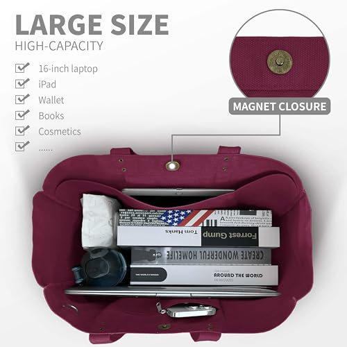 HOMESPON Large Canvas Tote Bag for Women Everything Bag with Pockets and Laptop Sleeve - color: Maroon