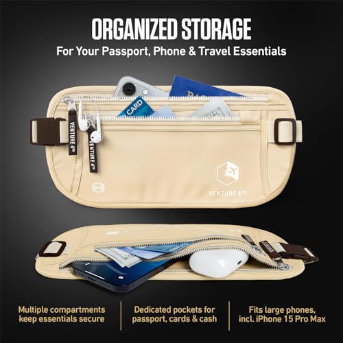 VENTURE 4TH Money Belt for Travel – Slim Hidden Under-Clothes RFID Blocking Anti-Theft Passport Holder & Travel Wallet Pouch for Men & Women to Protect Cash, Cards & Documents (Beige) - color: Beige
