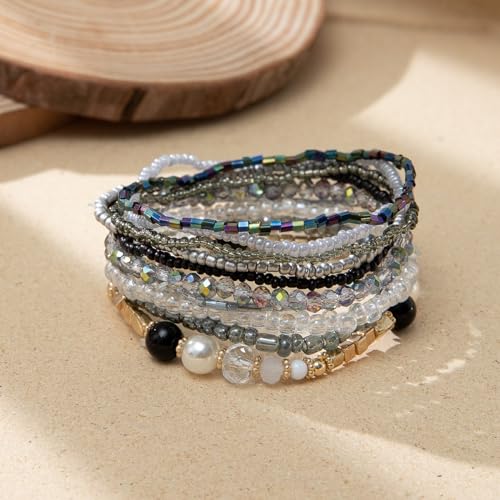 Handmade Bohemian Colorful Crystal Beaded Bracelets Set Multilayered Stackable Boho Stretch Adjustable Bangle Cuff Friendship Summer Beach Jewelry for Women - color: black