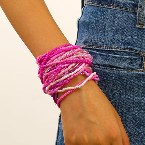17pcs Bohemian Stackable Multilayer Elastic Bracelets - Handmade Seed Beaded Jewelry for Women & Girls - color: 30Pcs Pink