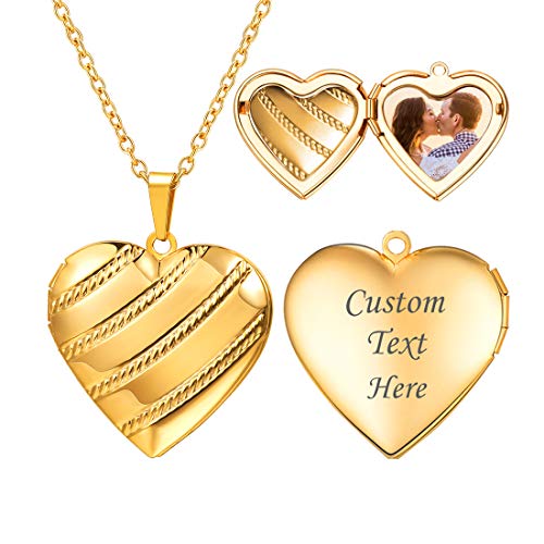 U7 Women Locket Necklace Platinum 14K Gold Photo Lockets that Hold Picture,Chain 20 Inch Personalized Gift Custom Love Heart Image Necklaces - color: 05# Gold Stripe