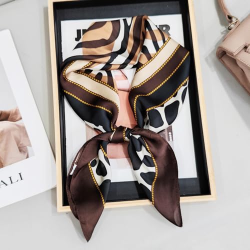 CHUNG Women's Scarf Hair Bandanas Square 27.5" Satin Wrap Fashion Pattern Scarves Emulation Silk Handbag Ribbons Necktie - color: Brown Leopard-103#