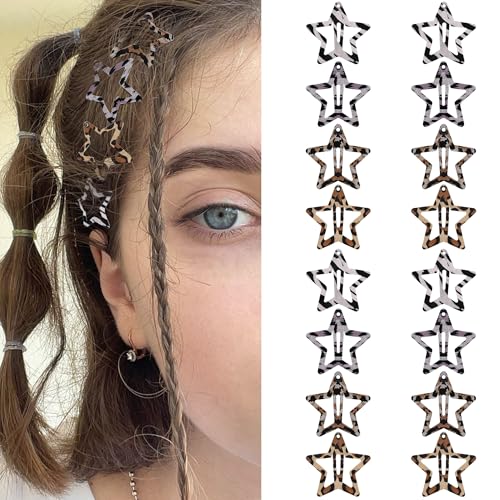 Star Hair Clips Snap Hair Barrettes Non Slip Star Hair Accessories Leopard Colors Metal Hair Clips for Girls Women -16 PCS - Grey - color: 16 P - Leopard Colors-Grey