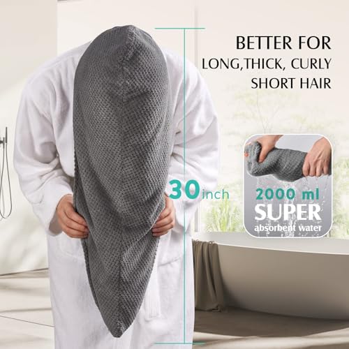 YFONG 3 Pack Large Microfiber Hair Towel Wrap, 30" x 10" Anti Frizz Quick Dry Hair Towels for Women Long, Curly, Thick Hair, Super Absorbent Hair Turban for Wet Hair (Grey, White, Camel) - color: Grey, White, Camel
