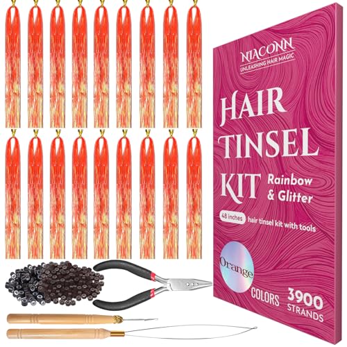 NIACONN Glitter Hair Tinsel Extensions Kit Orange with Tools and Beads, 48 Inch Sparkly Fairy Colorful Tensile Strands Shiny Hair Accessories for Women Girls Kids - color: Orange
