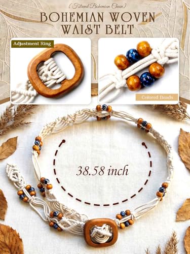 Fstrend Women's Woven Waist Belt Chain,Turquoise Braided Belts with Wooden Beads,Adjustable Belly Accessory for Dress (D) - color: B