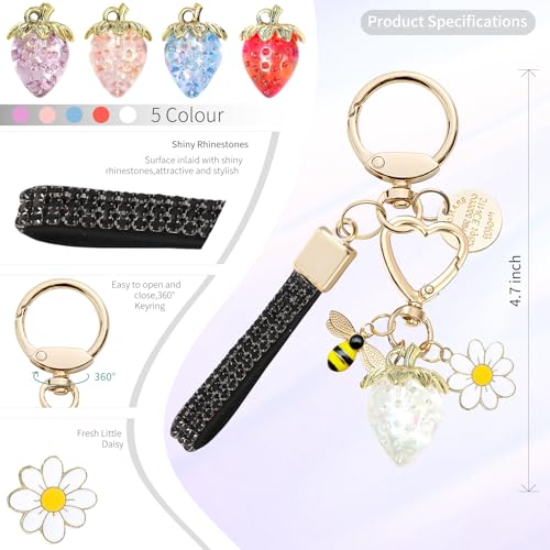 Keychain for Women Girls Bling Heart/Star/Strawberry Key Chain Accessories for Key/Backpack Bag Charm - color: Whhite Strawberry