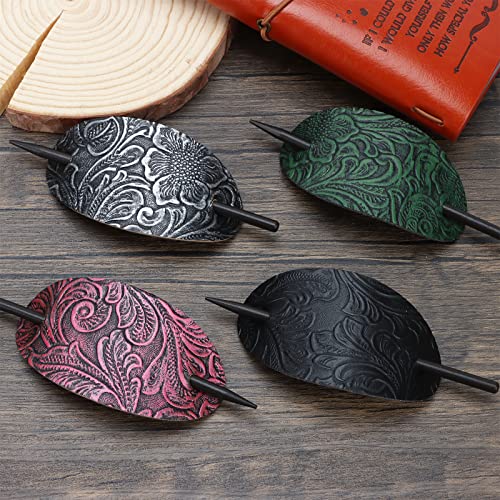 6 Pieces Leather Hair Barrettes with Stick Hair Accessories - Ponytail Clips, Hair Sticks, and Pins for Women's Long Hair