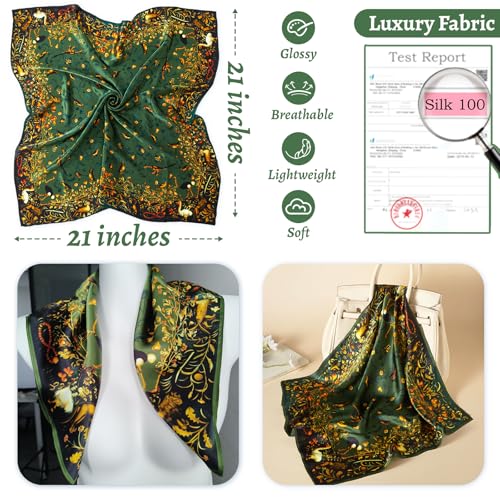 100% Mulberry Silk Neck Scarf 21''x21'' Small Square Hair Scarf for Women Men Lightweight Bandana Envelope Package - color: Animalforest-green