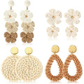 Sumind 4 Pairs Boho Raffia Earrings for Women Flower Round Drop Dangle Woven Earrings Summer Vacation Tropical Beach Natural Handmade Raffia Jewelry Gifts Set Bohemian Accessories