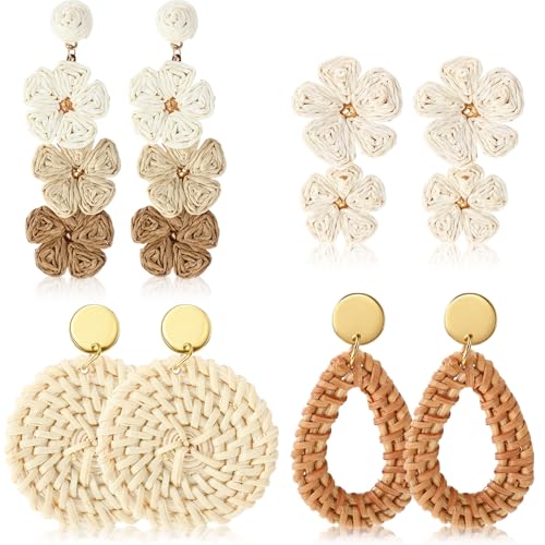Sumind 4 Pairs Boho Raffia Earrings for Women Flower Round Drop Dangle Woven Earrings Summer Vacation Tropical Beach Natural Handmade Raffia Jewelry Gifts Set Bohemian Accessories