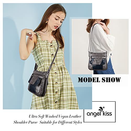 Angelkiss Small Womens Crossbody Bag Leather Shoulder Purse for Women Hobo Bag with Adjustable Shoulder Strap - color: Grey/Blue