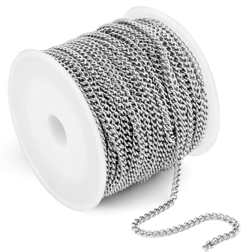 33FT Stainless Steel Curb Chain Roll, 4mm 304 Stainless Steel Flat Twisted Links Curb Chains Bulk Spool for Jewelry Making Necklace DIY Craft - color: Stainless Steel, size: 4.0mm width