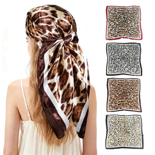 Ciormis 35" Silk Head Scarf for Women, 4 Pcs Satin Hair Scarf Square Silk Bandana Top Neck Scarves Hair Wraps for Sleeping - color: H1-leopard-set11