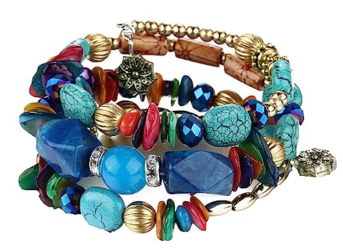 Women Beaded Bracelet Set | Colorful Boho Stackable Trendy Design with Crystal Accents Multilayer Bangle Bracelet | Fashion Stretch Braclets Jewelry for Women - color: Teal.